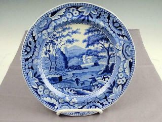 Antique Staffordshire Blue Transfer 8 1/2 " Plate Men Dog House & Castle Ca 1825