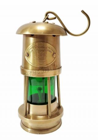 Antique Royal Navy London Brass Nautical Miner Ship Lantern Oil Lamp Green Glass