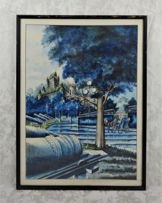 Vintage Mid Century Watercolor Painting Of Castle Royal Carriage Scene