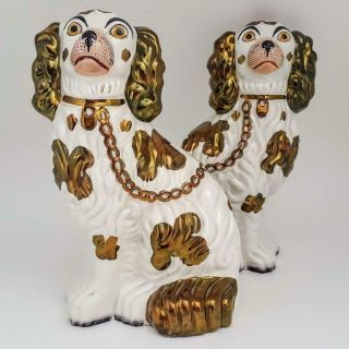 Fine Pair Antique 19th Century Staffordshire Copper Lustre Spaniel Dog Figures