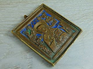 Antique 19th Russian Orthodox bronze enamel icon Sant Nicolas. 5