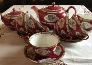 Antique Wedgwood Ruby Red Tea Pot Set W/ 5 Cups &saucers Bone China