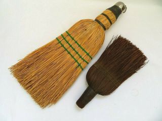 Vintage Whisk Brooms 2 Old Dk Brown Metal Cap Hanger Green Threads 12 " Length
