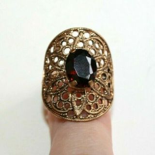 Antique Victorian Oval Cut Bohemian Garnet Filigree Gilt Metal Ring