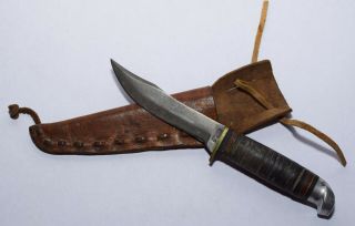 Vtg.  " Official Boy Scouts Of America " Fixed Blade Hunting Knife W Leather Sheath