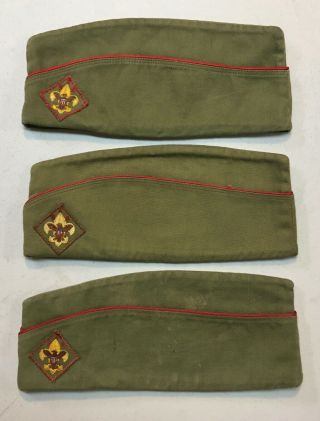 3 Vintage Boy Scouts Of America Bsa Green Uniform Garrison Flat Hats Medium/lrg