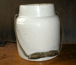 Antique 1800s? Stoneware Crock Jar With Bail Wire Handle 6.  5 " Tall X 5.  5 " Base
