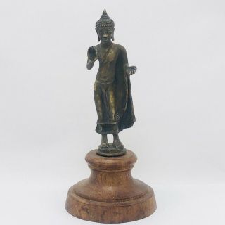 Antique Cambodia China Bronze Buddha Statue On Wood Khmer Legacy 15th C