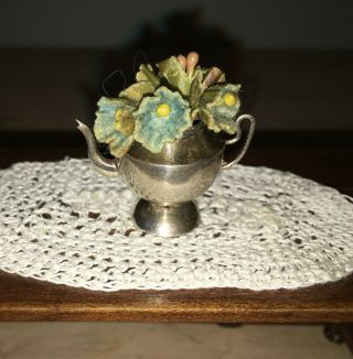 Vintage Dollhouse Miniature Sterling Silver Teapot Vase With Fabric Flowers