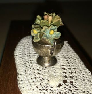 Vintage Dollhouse Miniature Sterling Silver Teapot Vase with Fabric Flowers 2