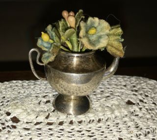 Vintage Dollhouse Miniature Sterling Silver Teapot Vase with Fabric Flowers 3