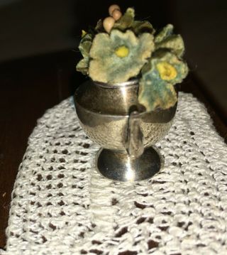 Vintage Dollhouse Miniature Sterling Silver Teapot Vase with Fabric Flowers 5