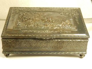 Antique Jennings Brothers Jb Footed Jewelry Box Casket Silver Color Ornate