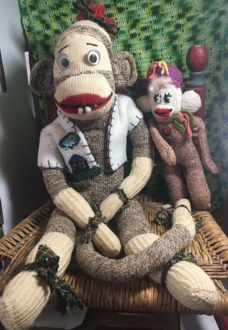 Vintage Sock Monkey Dad And Little Sock Monkey Girl Doll Handmade Folk Art Dolls