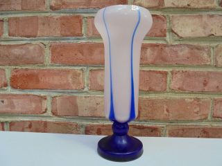 Antique Vintage Czech Art Glass Vase Blue Striped on Pink 10 