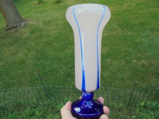 Antique Vintage Czech Art Glass Vase Blue Striped on Pink 10 