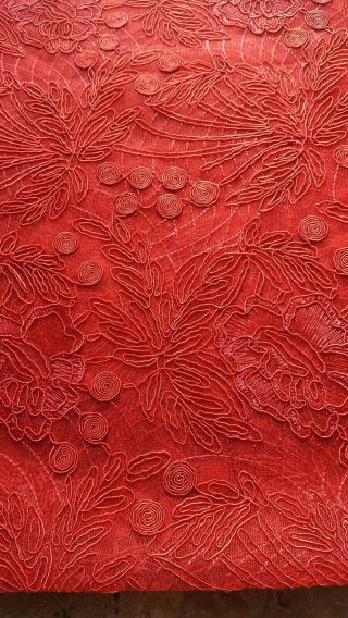 Large Piece Red French Corded Needlepoint Lace Fabric 66 X 38 Inches