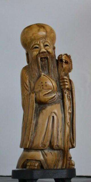 Tibetan Monk Ivory Like/resin Figurine,  Very Detailed,  Wood Stand