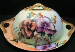 Vintage Antique? Hand Painted Pottery Butter Cheese Dish Dome Lid