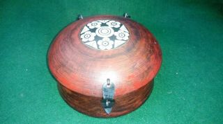 Unusual Vintage Round Wooden Box With Bone And Brass Inlay And Chain Hinges