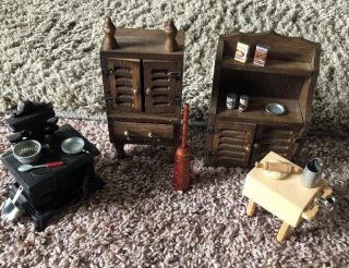 Vintage Dollhouse Wooden/cast Iron Kitchen Set With Accessories