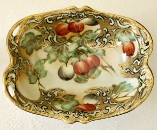 Antique Nippon Hand Painted Bowl Lavish Gold Encrusted Dots Currants Fruit Dish