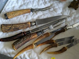 Vintage Stag Horn Carving Set (sterling Bands) And Knives