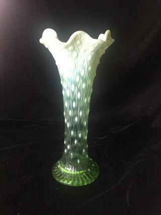 Antique Carnival Glass Tree Trunk Funeral Vase Green Opalescent 10.  5” Euc