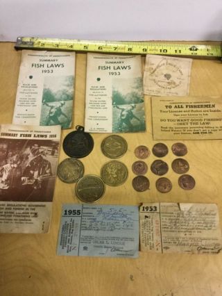 Group Of Old Pennsylvania Fishing Laws,  License And 14 Hunting Medallions.