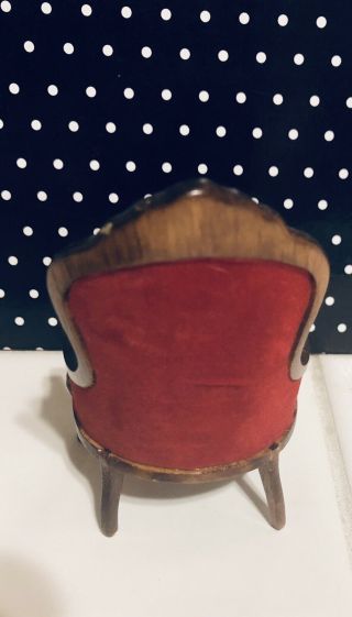 Vintage Dollhouse Furniture Victorian Red Velvet Gent ' s Chair with Walnut Wood 3