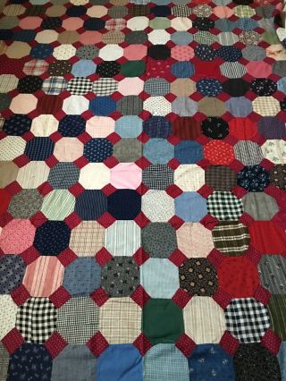 Antique Octagon Quilt Top Double Pinks Indigo Pieced And 81 " X 68 "