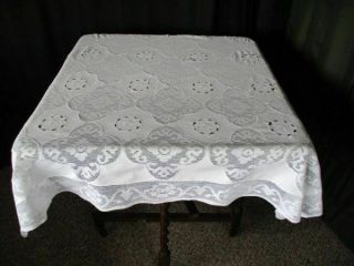 Vintage Tablecloth - Lace & Embroidery - White Cotton - 46/48 " Sq.