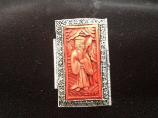 Antique Chinese Silver? Filigree Cinnabar Brooch - Box