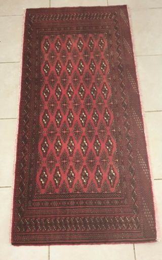 Vintage/ Retro Persian / Bokara Hand Made Red Rug Wool/ Cotton 23 X 50 Inches.