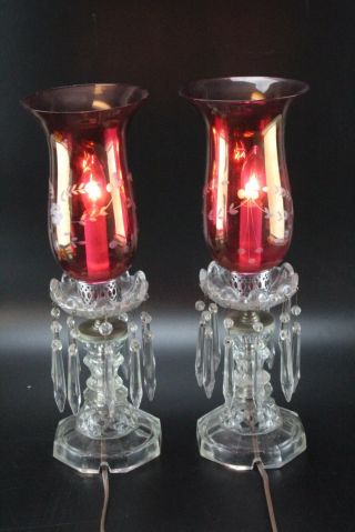 Antique Vintage 1940s - 50s Cranberry Cut Glass 15.  5 " Bohemian Mantle Luster Lamps