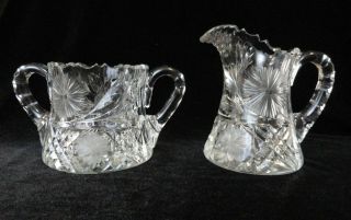 Antique Abp Cut Glass / Crystal Creamer / Cream Pitcher & Sugar Bowl
