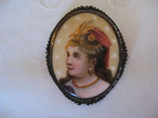 Antique Portrait Brooch Hand Painted Porcelain Victorian Women Fancy Headpiece