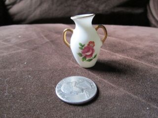 Vintage Miniature Dollhouse White Porcelain Rose Vase Double Handled 1 - 1/2 "