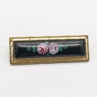Antique Art Deco Enamel Hand Painted Rose Flower Bar Pretty Ladies Brooch