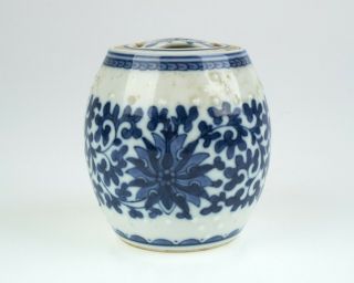 Antique / Vintage Chinese Blue And White Porcelain Barrel Shape Pot And Cover.