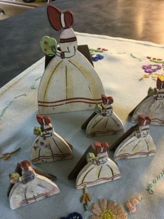 Vintage Crinoline lady menus/place setting figures,  hand embroidered tray cloth 2