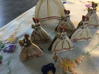 Vintage Crinoline lady menus/place setting figures,  hand embroidered tray cloth 3