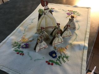 Vintage Crinoline lady menus/place setting figures,  hand embroidered tray cloth 4