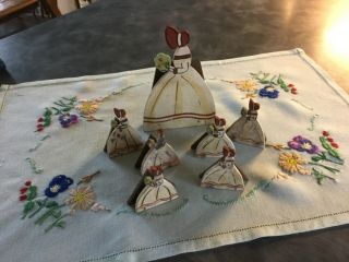 Vintage Crinoline lady menus/place setting figures,  hand embroidered tray cloth 5