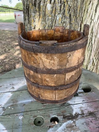 Antique Wooden Staved Well Bucket W/iron Handle,  4 Iron Bands Hand Hammered