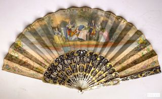 Antique 19th C.  Hand Painted French Fan Courting Couples
