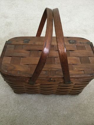 Antique Vintage Brass Hinged Woven Wooden Picnic Basket