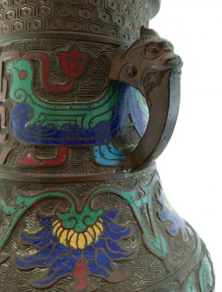 Antique 20th Century Japanese Bronze Champleve Enamel Vase Vessel Dragon Handles 4