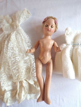Antique Vintage Composition Strung Doll For Repair With Clothes