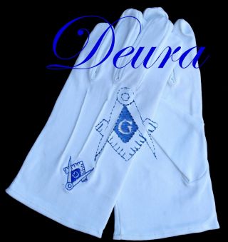 Masonic Embroidered White 100 Cotton Gloves White G Square & Compass Size Xl